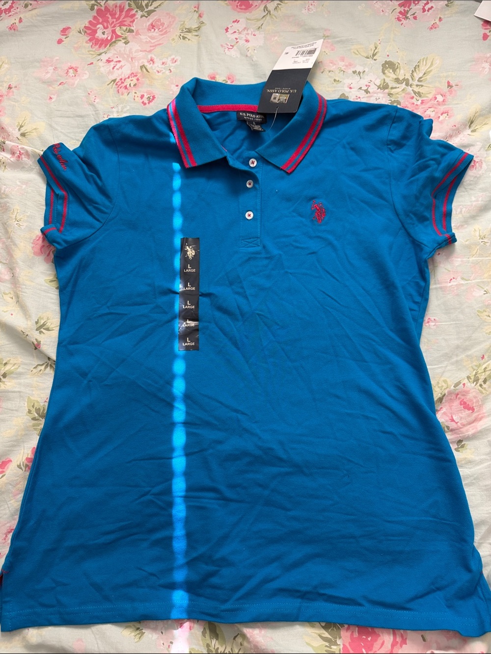 Ralph Lauren Blue Button-Down Polo with Pink Trim